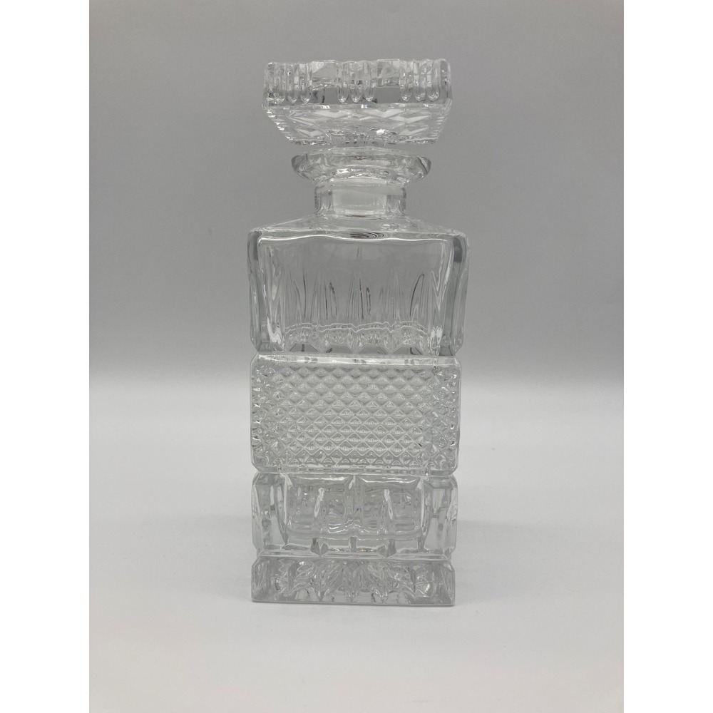 Vintage Cut Crystal Square Liquor Decanter Diamond & Fluted Pattern Stopper